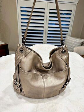 B Makowsky Metallic Gold Leather Hobo Shoulder Bag